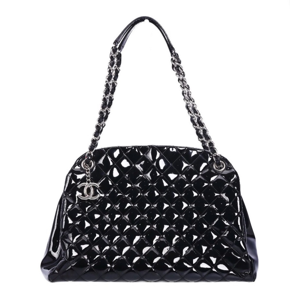 CHANEL Black Patent Just Mademoiselle Quilted Shoulder Bag with Silver Chain